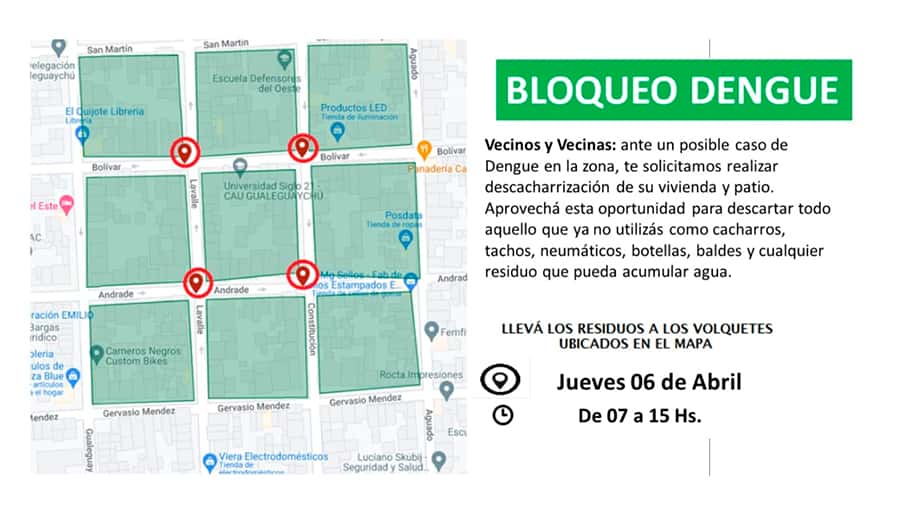 Mapa que señala el radio de mayor cuidado preventivo y de fumigación y que comprende las 9 manzanas entre calles San Martín, Gervasio Méndez, Gualeguay y Aguado.