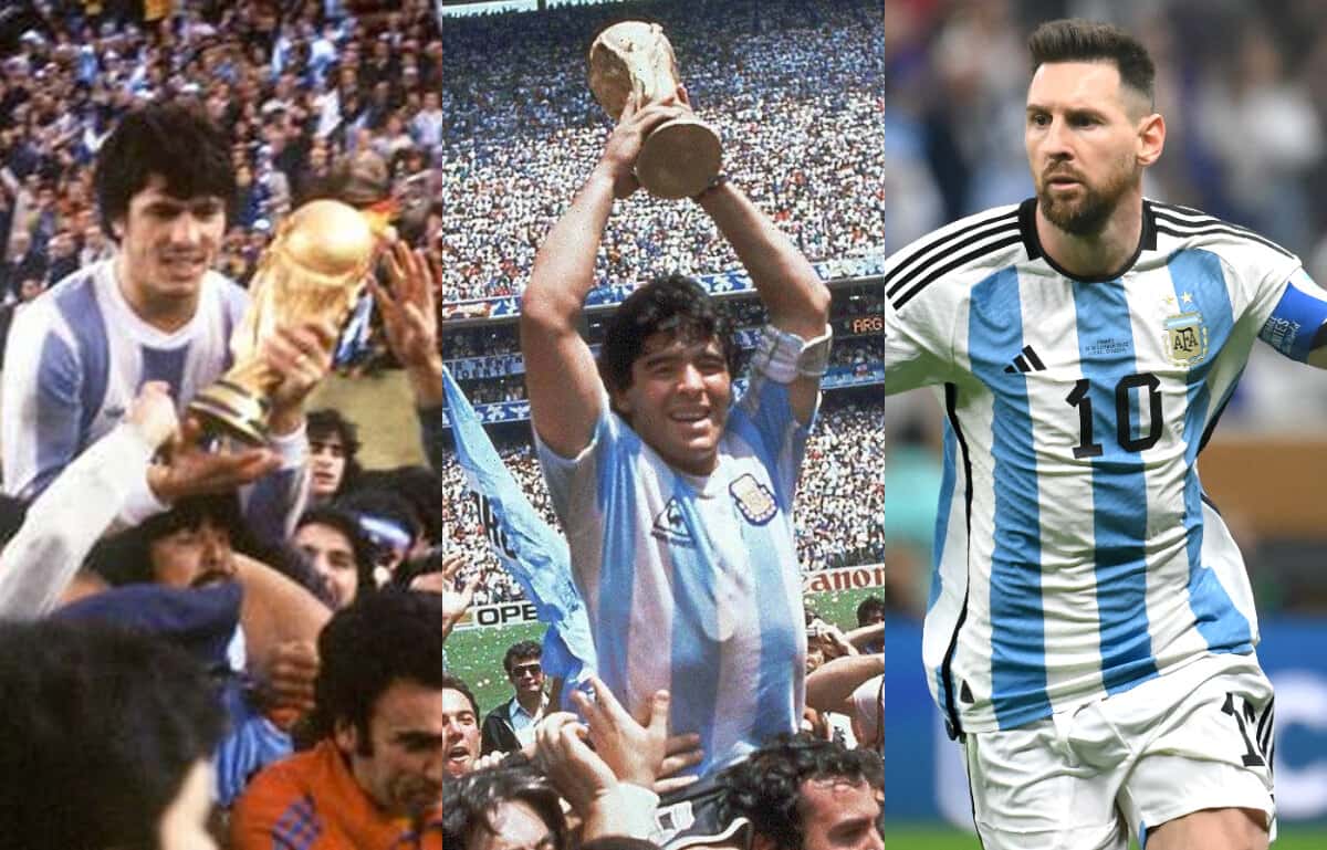 Kempes, Maradona y Messi, los astros y capitanes en cada uno de los tres mundiales que ganó Argentina.